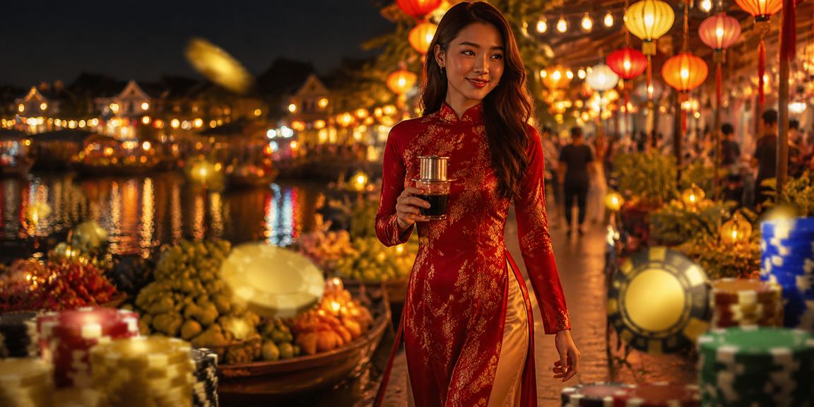 Người dùng tại quán cà phê Hội An xem thông tin hoàn tiền và bonus trên điện thoại